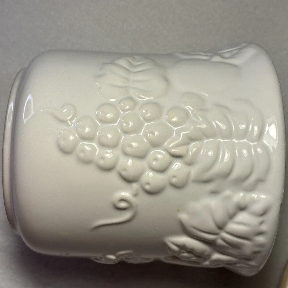 Set of  4 Vintage White Lidded Ceramic Canisters,  Grapevine and Strawberry Lid.